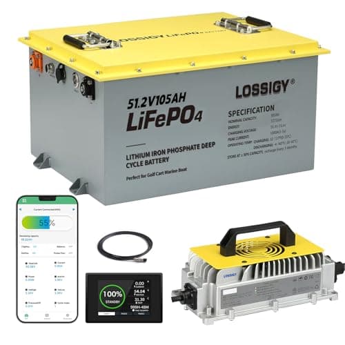 LOSSIGY Metal Case 48V Lithium Golf Cart Battery, 48 Volt Metal Case Battery Conversion Kit with Charger&LCD Monitor, Built in 200A Bluetooth BMS, Peak Current 1000A(3-5s), Prefect for RV Solar System