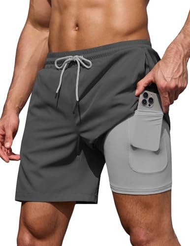 COOFANDY Men's 7" Swim Trunks with Compression Liner Stretch Swimming Shorts with Zipper Pockets 2026 Dark Grey Gray