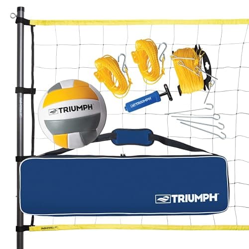 Triumph Sports Competition Volleyball Set for Backyard, Beach & Park with 32' Regulation Outdoor Volleyball Net, Steel Poles, Official Ball with Pump, Boundary Lines & Carry Bag