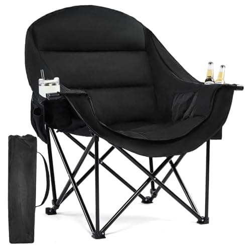 Oversized Camping Chairs for Adults - Heavy Duty Padded Outdoor Folding Lawn XL Camp Chair with Cup Holder Cooler Pockets for Outside Sports Beach Fishing Garden Portable Supports 500lbs, AllBlack
