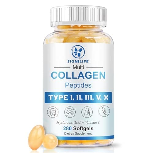 SIGNILIFE Multi Collagen Peptides for Women & Men, Hydrolyzed Collagen Peptides-Type I, II, III, V, X - with Hyaluronic Acid,Vitamin C,Biotin,Supports Skin Hair Nail, Non-GMO, 280 Softgels