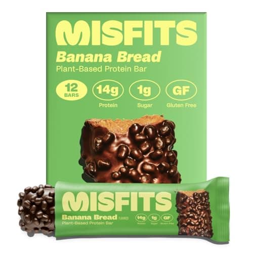 Misfits Vegan Protein Bars - Banana Bread | Nutrition Bars - 14g Protein, 1g Sugar, Plant-based, Low Carb, Non-GMO, Gluten Free Snacks | Pack of 12