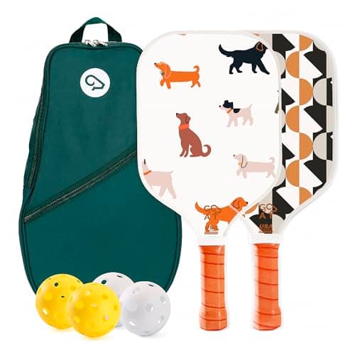 Goat Cute Pickleball Paddles Set of 2, Includes 4 Indoor & Outdoor Balls and Carry Bag, Lightweight Durable Fiberglass Pickleball Rackets Set for Men, Women & Beginners, Pickleball Gifts (Dog)