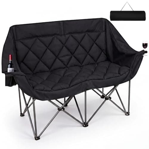Romswi Double Camping Chair,2 Person Camping Chair Oversized Folding Loveseat,Heavy Duty Camping Couch & Outdoor Sofa with Cup Holders,Supports 750LBS Black