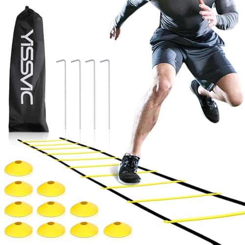 YISSVIC Agility Ladder and Cones 20 Feet 12 Adjustable Rungs Fitness Speed Training Equipment,1 Carry Bags, 10 Cones, 4 Stakes, Basketball, Soccer (20 feet Yellow)