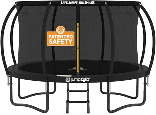 JUMPZYLLA Trampoline Outdoor 8FT 10FT 12FT 14FT 15FT 16FT with Enclosure and Ladder, ASTM Approved Recreational Trampoline for Kids and Adults, Anti-Rust Coated Frame (Black, 12FT)