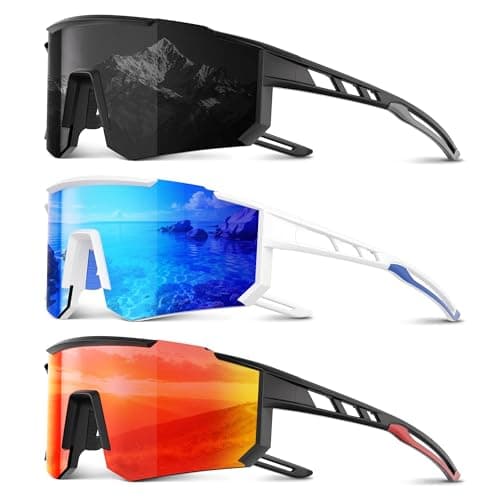 Foliful 3 Pack Polarized Sports Sunglasses Men Women, Running Mens Sunglasses UV Protection for Baseball Cycling Fishing, Ice Blue/Grey/Red