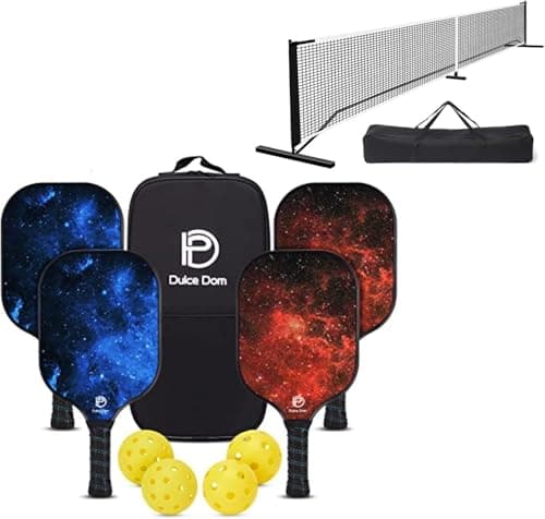 DULCE DOM Pickleball Paddles Set of 4 with Portable Pickleball Net and Balls - 22 FT USAPA Regulation Size for Driveway Matches, Pickle Ball Set for Men Women