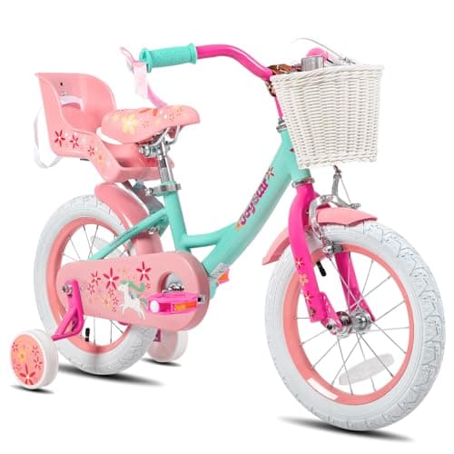 JOYSTAR Unicorn 14 Inch Kids Bike for 3 4 5 Years Girls with Doll Bike Seat Children Princess Bicycle with Training Wheels Basket Streamer Toddler Cycle Bikes Green