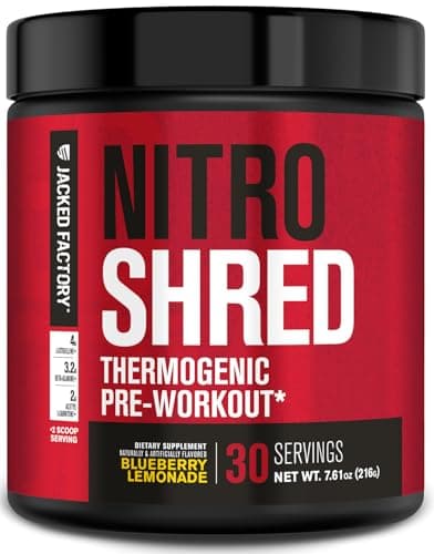 Jacked Factory NITROSURGE Shred Pre Workout Supplement - Energy Booster, Instant Strength Gains, Sharp Focus, Powerful Pumps - Nitric Oxide Booster & PreWorkout Powder - 30Sv, Blueberry Lemonade