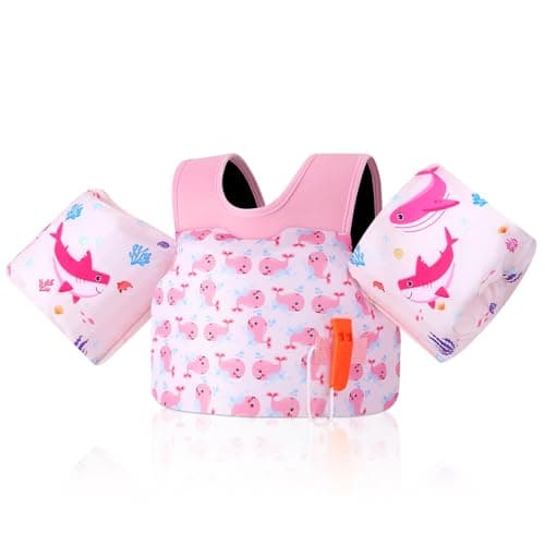 MoKo Toddler Swim Vest for Kids, Arm Floaties for Toddler 20-30-50 lbs, Water Wings with Emergency Whistle, Cute Arm Band Pool Floaties Swim Training Equipment for Beach, Pool, Pink Whale