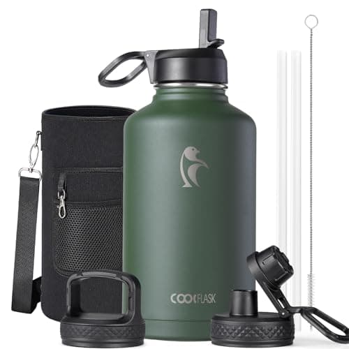 Half Gallon Water Bottle Insulated with Straw & 3 Lids, Coolflask 64 oz Water Jug Large Metal Stainless Steel Wide Mouth for Sports, Gym or Office, Non-BPA Keep Cold 48H Hot 24H, Dark Green