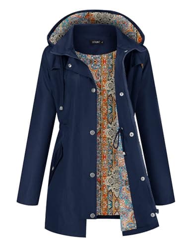 LOMON Women Rain Jacket Waterproof Hooded Jackets Women Printed Lined Trench Coats Outdoor Hiking Raincoat(Navy Blue Ethnic Print Lining L)