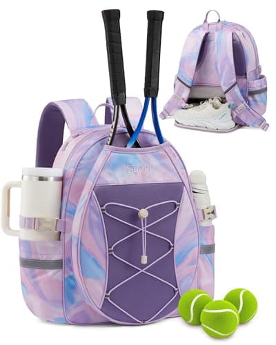 Sucipi Tennis Bag for Kids, Professional Youth Tennis Bag Backpack to Hold 2 Rackets, Tennis Christmas Gifts for Boys Girls, Purple&Candy