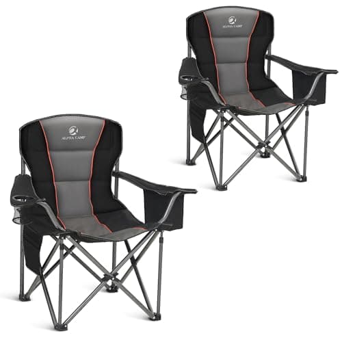 ALPHA CAMP Heavy Duty Camping Chair 500 LBS Capacity, Oversized Folding Chair for Heavy People, Padded Portable Outdoor Chair with Cooler Bag & Cup Holder for Camping, Fishing, Beach,Black,2PC