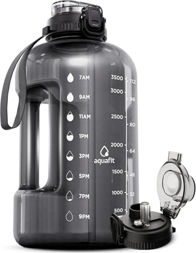 AQUAFIT 1 Gallon Water Bottle with Time Marker - Straw & Chug Lid - BPA Free Gym Water Bottle with Straw - Big Gallon Jug (Gray, 128 oz - 2in1 Lid)