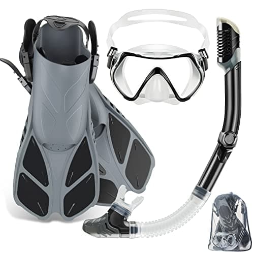 ZEEPORTE Mask Fin Snorkel Set with Adult Snorkeling Gear, Panoramic View Diving Mask, Trek Fin, Dry Top Snorkel +Travel Bags, Snorkel for Lap Swimming