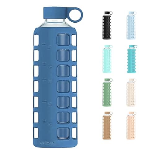 purifyou 40oz / 32oz / 22oz / 12oz Borosilicate Glass Water Bottle with Time & Volume Markers, Silicone Sleeve, Stainless Steel Lid | Reusable Glass Bottle for Water & Juice (40oz Chinese Porcelain)