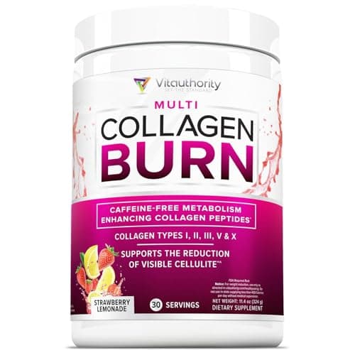 Multi Collagen Burn: Hydrolyzed Protein Peptides with Hyaluronic Acid, Vitamin C, SOD B Dimpless, Types I, II, III, V and X, Caffeine-Free Strawberry Lemonade Flavored 30 Servings