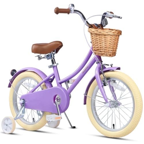 Glerc Little Molly 16 Inch Kids Bike, Retro Cruiser Girls Bike for Children Ages 4-7 Years Old, ‎Kids Bicycle with Wicker Basket & Training Wheels/Kickstand, Purple