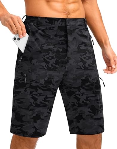 Pudolla Men's Hiking Shorts 11" Lightweight Cargo Work Shorts for Men Summer Travel Golf Casual Outdoor with 5 Pockets(Black Camo Large)