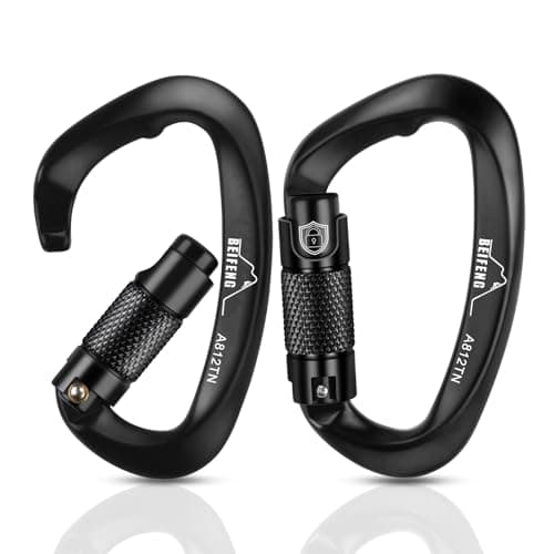 BEIFENG 25KN auto Locking Climbing Carabiner,Twist Lock Heavy Duty Carabiner, UIAA Certified D-Type Large Size Suitable for Climbing, Rappelling, Rescue, Hammock, Swing Black