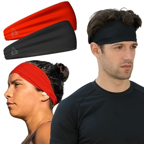 Temple Tape, Value 2-Pack, Mens Headband - Guys Sports Headbands Moisture Wicking Workout Sweatbands for Running, Cross Training, Skiing and Bike Helmet Friendly - 1-Black & 1-Red Sweatband