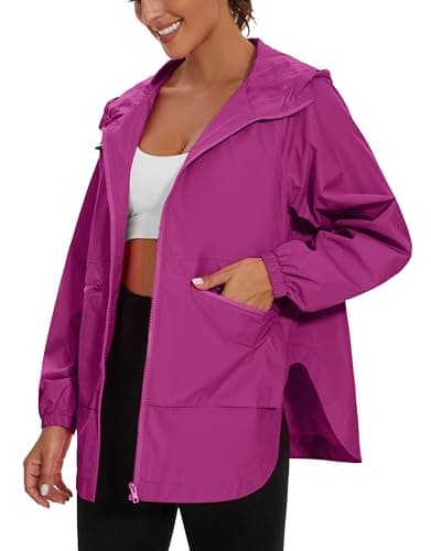 PESION Women's Waterproof Rain Jacket Lightweight Hooded Raincoat for Hiking Travel Outdoor, Violet Berry, XXLarge