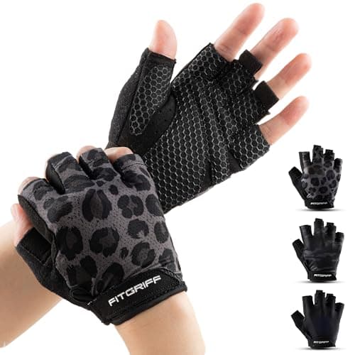 Fitgriff® Workout Gloves (Padded) for Men & Women - Fingerless Gym Gloves for Weight Lifting, Training - Full Palm Protection (Leopard, Size 7)