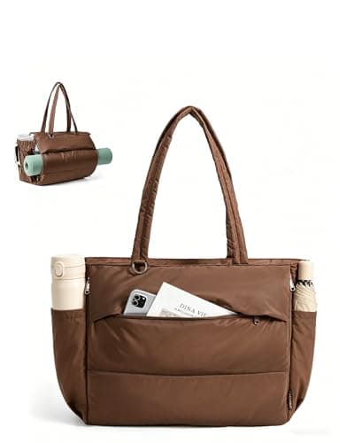 BAGSMART Tote Bag for Women, 22L Puffer Gym Bag for 40oz Tumbler, Work Tote Handbag for Travel Yoga College, Chocolate
