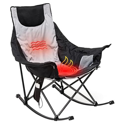 SUNNYFEEL Oversized Heated Rocking Camping Chair, Fully Padded Patio Chair with Side Pocket, High Back Portable Lawn Recliner with Carry Bag, Outdoor Rocker Camp Chair for Adults Heavy Duty 500 LBS