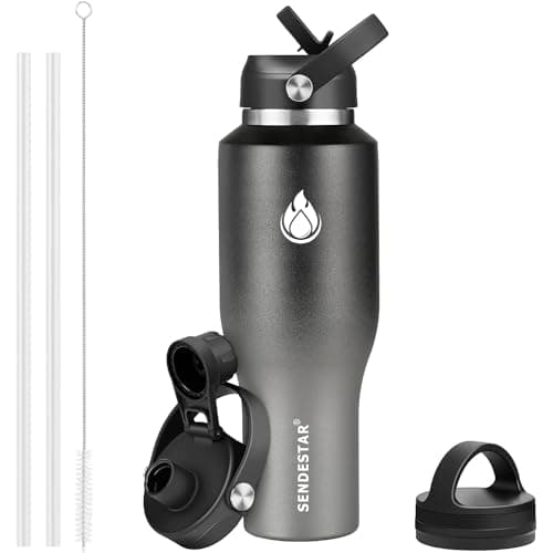 SENDESTAR 40oz Stainless Steel Water Bottle(Cold for 48 Hrs, Hot for 24 Hrs),Double Wall Vacuum Insulated Bottle with Straw Lid, Spout Lid and Flex Cap, Fit in Any Car Cup Holder，Grey-B