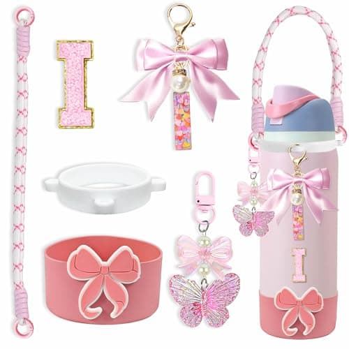 Mengayadi Bow Silicone Boot Set for Owala Water Bottle 24oz/32oz/40oz – Anti-Slip Sleeve & Handle Strap, Cute Owala Accessories, Fits Owala Tumbler, FreeSip & Candy Coated (I, 32oz Pink)