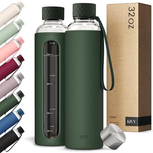 KIVY Glass Water Bottle with Silicone Sleeve 32 oz [WITH MEASUREMENT] - Borosilicate Glass Water Bottle Screw Top - Clear Bottles with Measurement Marking - Slim Waterbottle Aesthetic - Dark Green