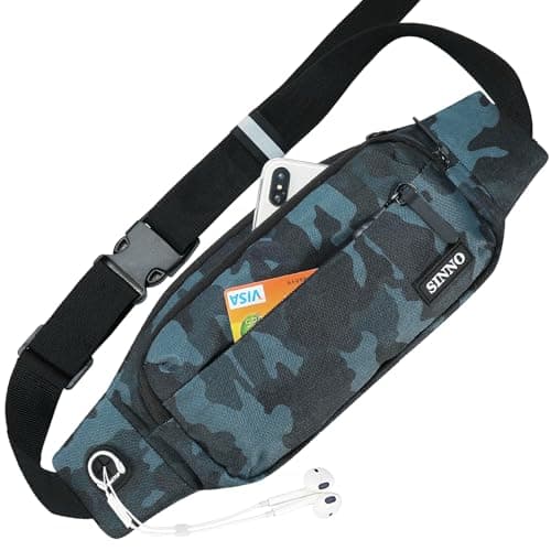 SINNO Large Camo Fanny Pack for Men Women Crossbody with 4-Zipper Pockets Waterproof Gifts for Running Sport Workout Travel Fishing Hiking Waist Packs Phone Bag Wallets Carrying All Phones