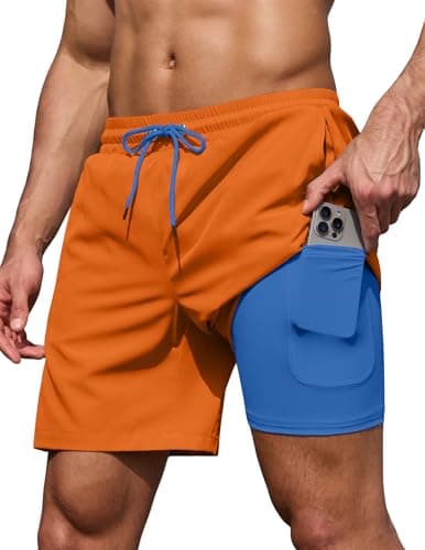 COOFANDY Mens Swim Trunks 7 Inch Board Shorts Swimwear Summer Beach 5 Inch Quick Dry Lined Bathing Suits Orange