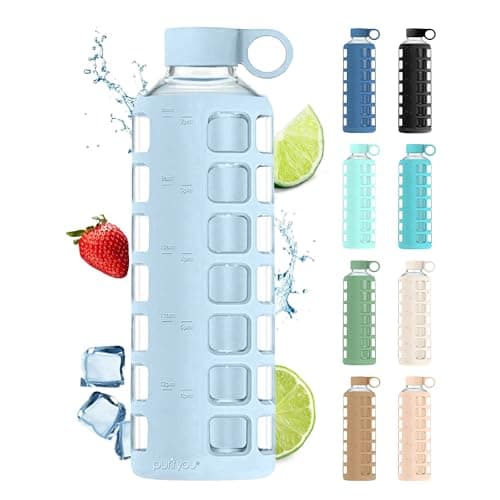 purifyou 40oz / 32oz / 22oz / 12oz Borosilicate Glass Water Bottle with Time & Volume Markers, Silicone Sleeve, Stainless Steel Lid | Reusable Glass Bottle for Water & Juice (40oz Ice Blue)