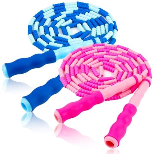 Jump Rope for Kids, Adjustable Jump Ropes for 4 5 6 7 8 10 12, Tangle Free Jumping Rope Age 8-12, Segmented Soft Beaded Skipping Rope for Women Fitness (Blue + Pink)