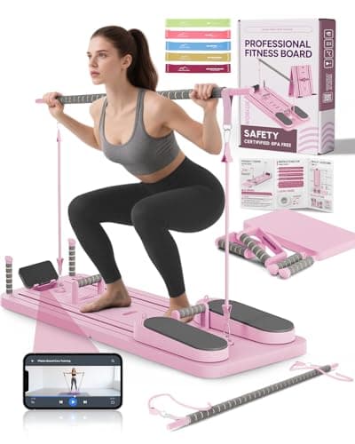 AMAZINGHOME Pro Foldable Pilates Board & Reformer Machine - Multifunctional Home Gym with Ergonomic Elbow Pads, Yoga Bar & Timer, 300lbs Capacity Core Workout Pilates Equipment (Pink)