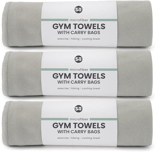 S&T INC. Gym Travel Towel, 3 Pack, Cooling Towels for Camping, Yoga, Home and Gym Bag, 3 Storage Bags Included, 12 Inch x 40 Inch, Microfiber, Grey