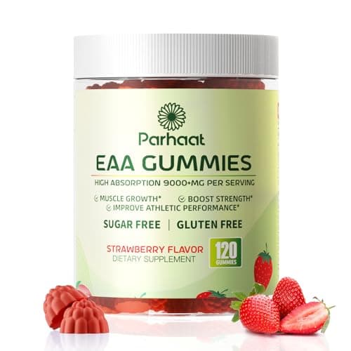 Parhaat EAA Gummies 120 Gummies (Strawberry), Essential Amino Acids - All 9 Essential Aminos (EAA) and All Branched-Chain Aminos (BCAAs), Non-GMO, Gluten Free, Vegetarian Friendly