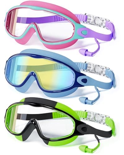 CMBJJU 3 Pack Swimming Goggles, Kid Goggles with Earplugs Large Frame Anti-Fog/UV Wide View Swim Goggles Boys Girls 4-12 (3PACK-Purple+Colorful Blue+Green-SG09)