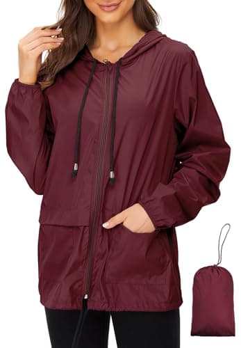 Zando Lightweight Rain Jacket Women Waterproof with Hood Burgundy M