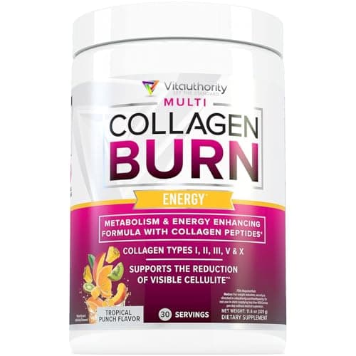 Multi Collagen Burn: MultiType Hydrolyzed Protein Peptides with Hyaluronic Acid, Vitamin C, SOD B Dimpless, Types I, II, III, V and X, with Caffeine 30 Servings Tropical Punch Flavored