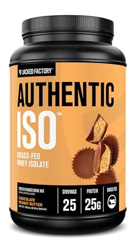 Jacked Factory Authentic ISO Grass Fed Whey Protein Isolate Powder - Low Carb, Non-GMO Muscle Building Protein w/No Fillers, Post Workout Recovery, Chocolate Peanut Butter - 25 Servings