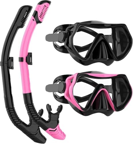 Snorkeling Gear for Adults, JRing Snorkel Mask Set with 180 Degree Tempered Glass Anti Fog Goggles Scuba Dry Top Snorkel for Swimming, Scuba Diving Mask for Men Women(Black+Pink)
