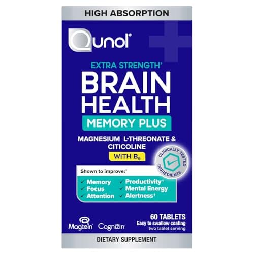 Qunol Brain Health Memory Plus with B6, Magnesium L-Threonate & Citicoline, Clinically Tested Ingredients to Improve Memory, Focus, Attention and Productivity, 60 Count (Pack of 1)