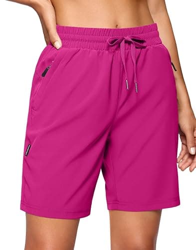SANTINY Women's 7''/ 9'' Hiking Shorts with 3 Zipper Pockets Lightweight Quick Dry Long Athletic Golf Shorts for Women Casual (Rose_L)