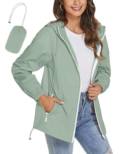 TCOT Women's Rain Coats Outdoor Waterproof Windbreaker Lightweight Packable Rain Jackets Hooded Jackets Bean Green XL