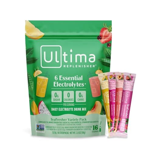 Ultima Replenisher Electrolyte Powder & Instant Tea Drink Mix – TeaFresher Variety, 16 Stickpacks – Sugar Free Electrolytes Hydration Packets with Fruit & Tea Fusions – Plant Based & Keto Friendly​